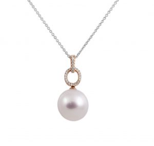 South Sea Pearl 12mm round Pendant set in a Rose Gold two loop intertwined with diamonds