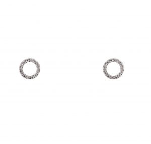 A pair of 18K white gold diamond circle stud earrings. Set with 28 round brilliant cut diamonds in a circle shape design with post and butterfly backings. Carat: Round Brilliant Cut 28 = 0.21ct