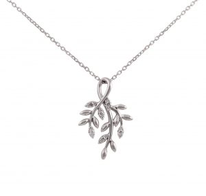 This diamond swirl leaf necklace is made in 18K white gold, set with 18 small round brilliant cut diamonds equaling a total of 0.166ct. The chain attached is 45cm in length. Diamond Carat: 18 = 0.166ct