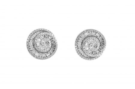 A pair of 18k white gold baguette swirl diamond stud earrings, arranged in a deco style open spiral with round brilliant diamonds framing the swirl. Carat: Diamonds 238 = 2.36ct