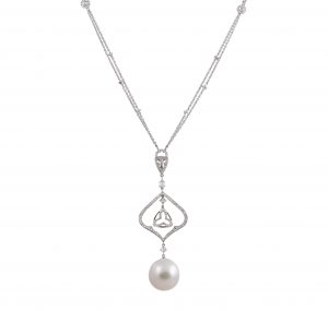 Autore South sea pearl and diamond pave' necklace set in 18K white gold. Featuring an amazing white South sea 16mm round pearl, suspended from a diamond pave' ornate design with intermittent diamonds set into the chain, a true statement piece. Designed by Autore.