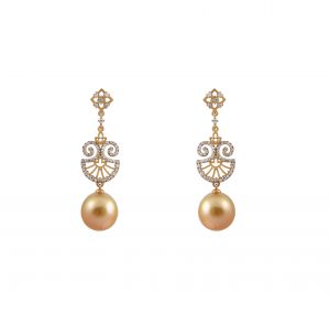 An 18K yellow gold Autore Nouveau Style South sea pearl and diamond earrings. Featuring two Golden South sea 11mm drop pearls suspended from a diamond Nouveau decorative fan style.