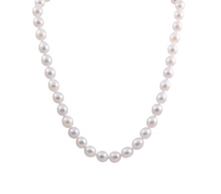 Pearls from the South Sea strand necklace by Autore, made up of 41 white South Sea pearls. Each pearl measures 8mm in diameter, are near round in shape, and the strand is fitted with an 18K white gold clasp.