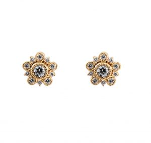 A pair of 18K yellow gold snow flake diamond earrings, claw set with 22 round brilliant cut diamonds.  Carat: 22 = 0.29ct