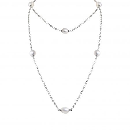 Autore South Sea Pearls long silver chain necklace. The necklace has 6 South Sea Pearls 9mm in an oval and circle' formation, intermittently placed in a random order throughout the chain. Pearl size: 9mm Length: 110 cm