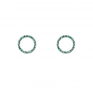 A pair of 18K white gold Emerald gemstone circle stud earrings. Set with 52 round brilliant cut emerald green gemstones in a circle shape design with post and butterfly backings. Gemstones: Emerald 28 = 0.15ct