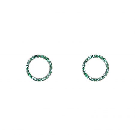 A pair of 18K white gold Emerald gemstone circle stud earrings. Set with 52 round brilliant cut emerald green gemstones in a circle shape design with post and butterfly backings. Gemstones: Emerald 28 = 0.15ct
