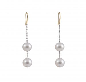 Double drop South Sea pearl earrings, two tone setting 18K white and yellow gold, featuring four button South Sea pearls 9 - 9.5mm. Pearl size: 9 - 9.5mm button