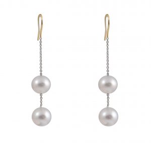 Double drop South Sea pearl earrings, two tone setting 18K white and yellow gold, featuring four button South Sea pearls 9 - 9.5mm. Pearl size: 9 - 9.5mm button