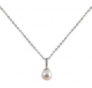 pearl and diamond pendant on a chain