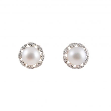 Freshwater Pearl and Diamond Stud Earrings