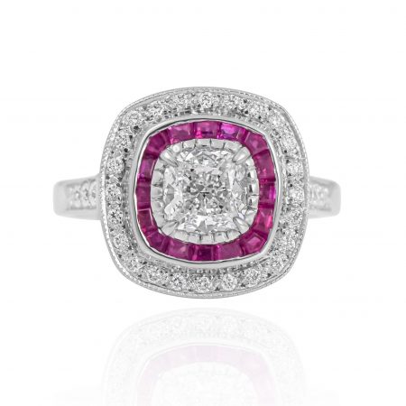 Cushion diamond and ruby halo deco ring