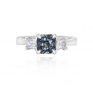 Teal sapphire trilogy ring