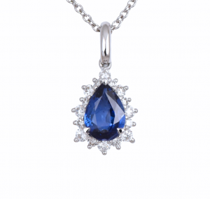 Pear sapphire and diamond halo pendant