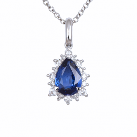 Pear sapphire and diamond halo pendant