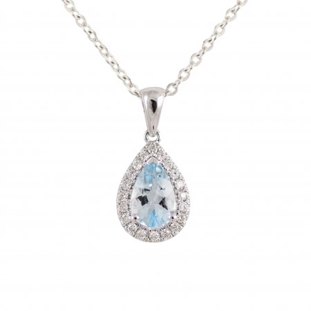 Aquamarine and diamond halo pear pendant
