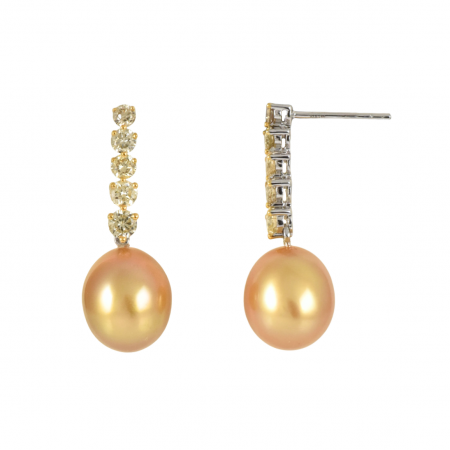 Golden South Sea Pearl and Yellow Diamond Drop Earrings