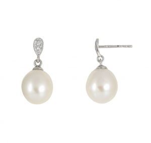 Oval Freshwater Pearl and Diamond Drop Earrings