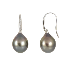 Drop Tahitian Pearl and Diamond hook earrings
