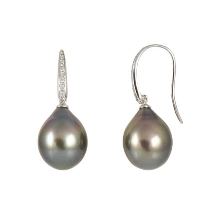 Drop Tahitian Pearl and Diamond hook earrings